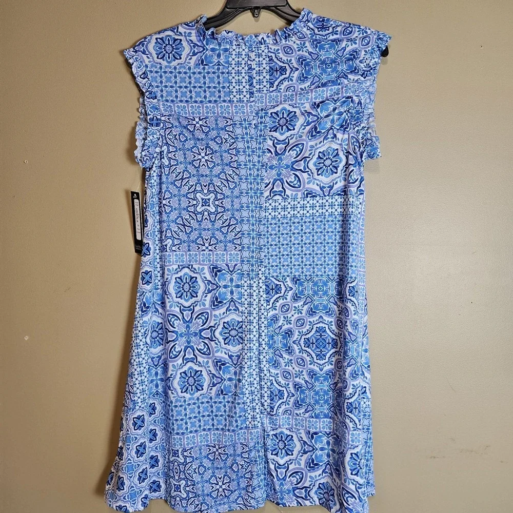 Nicole‎ Miller New York 1X Blue Tile Print Dress Ruffle NWT